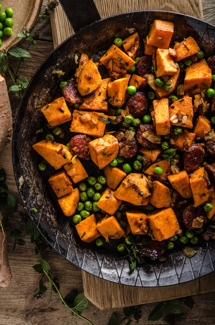 Sweet Potato Hash with Bacon and Peas