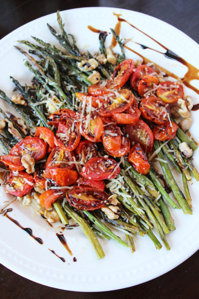 Parmesan Roasted Asparagus and Tomatoes with Walnuts and Balsamic Drizzle
