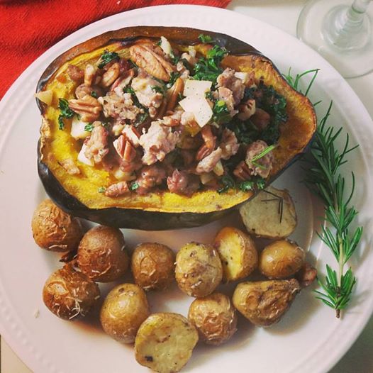 Stuffed Acorn Squash with Sausage, Apple & Kale